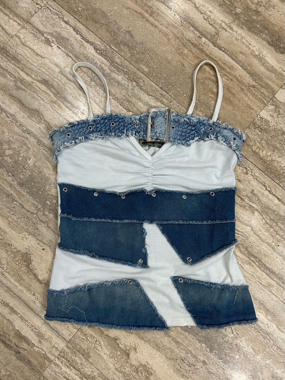 Vintage White & Blue Denim-Trim Spaghetti Cami